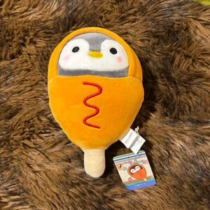 NWT Yellow Takashoji Penguin plush dressed as a corn dog w/ ketchup 7” Round One